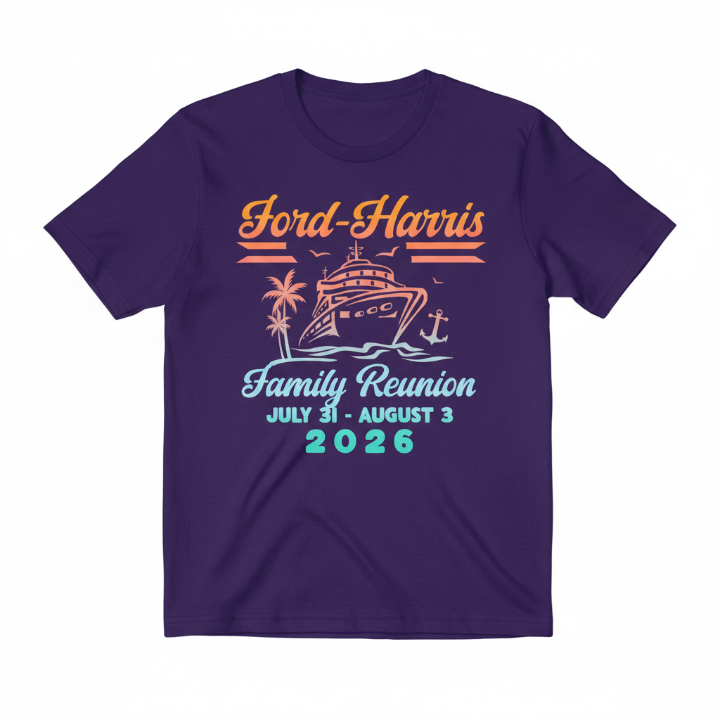 Ford-Harris Family Reunion 2026 T-Shirt featuring cruise ship design on purple background
