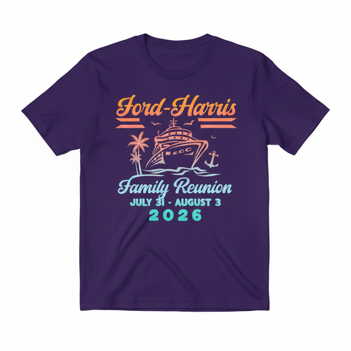 Ford-Harris Family Reunion 2026 T-Shirt featuring cruise ship design on purple background